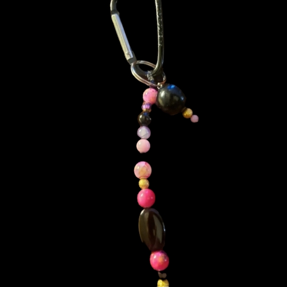Pink, Black & Gold Hand Crafted Beaded Keychain - Picture 4 of 8
